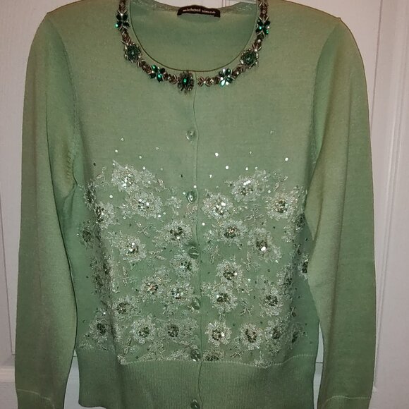MICHAEL SIMON EMBELLISHED CARDIGAN SWEATER PALE MINT GREEN SILK BLEND KNIT SZ M - Picture 1 of 7